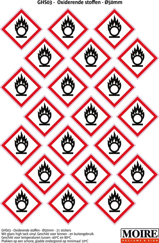 Pictogram sticker 75 stuks GHS03 - Oxiderende stoffen - 50 x 50 mm - 15 stickers op 1 vel