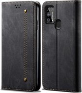 Voor Galaxy M31 denim textuur casual stijl horizontale flip lederen tas met houder en kaartsleuven en portemonnee (zwart)