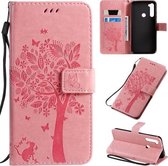 Voor Xiaomi Redmi Note 8T Tree & Cat Pattern Pressed Printing Horizontale Flip PU Leather Case met houder & kaartsleuven & portemonnee & Lanyard (roze)