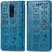 Voor xiaomi redmi 8 schattige kat en hond reliëf horizontale flip pu lederen tas met houder / kaartsleuf / portemonnee / lanyard (blauw)