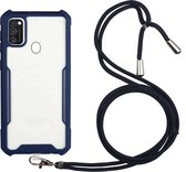 Voor Samsung Galaxy A21s acryl + kleur TPU schokbestendig hoesje met nekkoord (donkerblauw)