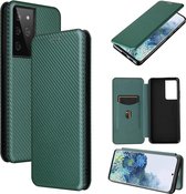 Voor Samsung Galaxy S30 Ultra / S21 Ultra 5G Koolstofvezel Textuur Magnetische Horizontale Flip TPU + PC + PU Lederen Case met Kaartsleuf (Groen)