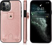 Schokbestendig PU-leer + TPU-beschermhoes met kaartsleuf en lanyard voor iPhone 12/12 Pro (roségoud)