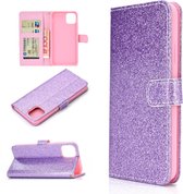 Voor iPhone 12/12 Pro Glitterpoeder Horizontale lederen flip-hoes met kaartsleuven & houder & fotolijst & portemonnee & lanyard (paars)