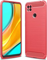 Voor Geschikt voor Xiaomi Redmi 9C geborstelde textuur koolstofvezel TPU-hoes (rood)