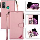 Voor Huawei P smart (2020) Rits Multi-kaartsleuven Horizontale flip PU lederen hoes met houder & kaartsleuven & portemonnee & lanyard & fotolijst (roségoud)