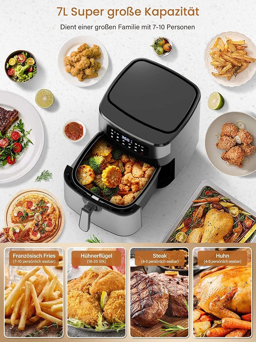 Acezoe 7L XXL Hot Air Fryer, 1800 W Stainless Steel Air Fryer with Digital  LED Touch Scree