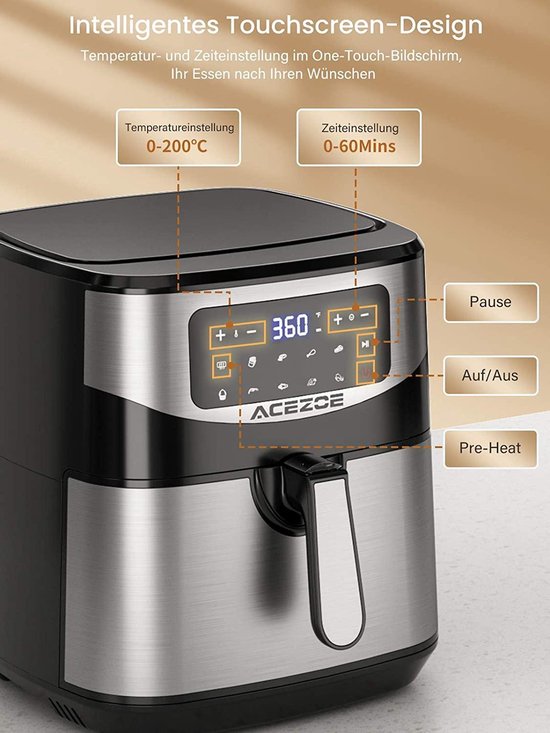 Acezoe 7L XXL Hot Air Fryer, 1800 W Stainless Steel Air Fryer with Digital  LED Touch Scree