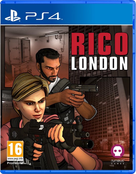 PlayStation 4 spelcover voor RICO London, met een blonde vrouw en een man met wapens.
