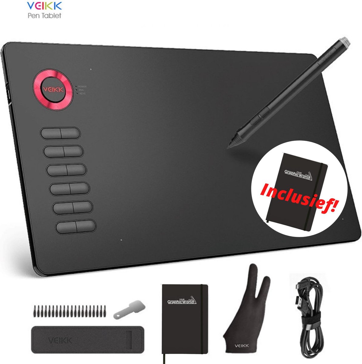 Tekentablet Veikk A15 Rood inclusief beschermhoes - 10x6 inch - 5080 Lpi - grafische XL teken tablet - Batterij vrije pen - 12 sneltoetsen - tekenhandschoen