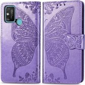 Voor Huawei Honor 9A Butterfly Love Flower Reliëf Horizontale Flip Leren Case met Beugel / Kaartsleuf / Portemonnee / Lanyard (Lichtpaars)