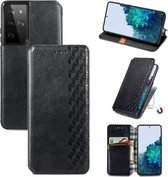 Voor Samsung Galaxy S21 Ultra 5G Cubic Grid Pressed Horizontal Flip Magnetic PU Leather Case met houder & kaartsleuven & portemonnee (zwart)