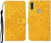 Voor Samsung Galaxy A11 etnische stijl reliëf patroon horizontale flip lederen tas met houder & kaartsleuven & portemonnee & lanyard (geel)