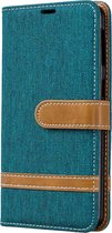 Kleurafstemming Denim Texture Leather Case voor Galaxy A40, met houder & kaartsleuven & portemonnee & lanyard (groen)