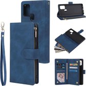 Voor Samsung Galaxy A21s multifunctionele horizontale flip lederen tas, met kaartsleuf & houder & rits portemonnee & fotolijst (blauw)