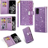 Voor Samsung Galaxy A91 / S10 Lite / M80s Multi-kaartsleuven Sterrenhemel Lasergravure Glitter Rits Horizontale Flip Leren Case met Houder & Portemonnee & Lanyard (Paars)