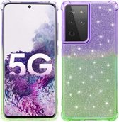 Voor Samsung Galaxy S21 + 5G gradiënt glitter poeder schokbestendig TPU beschermhoes (paars groen)