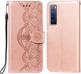 Voor Huawei nova 7 5G Bloem Wijnstok Embossing Patroon Horizontale Flip Lederen Case met Kaartsleuf & Houder & Portemonnee & Lanyard (Rose Goud)