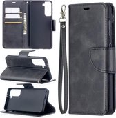 Voor Samsung Galaxy S21 5G Lamsleer Textuur Pure Kleur Horizontale Flip PU Lederen Case met Houder & Kaartsleuven & Portemonnee & Lanyard (Zwart)