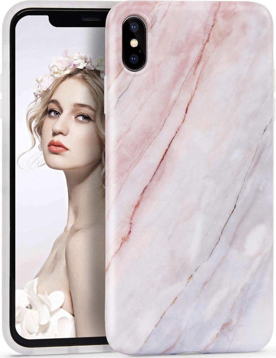 Geschikt voor Apple iPhone XS Max hoesje - Blauw / Roze - Marmer - Soft TPU
