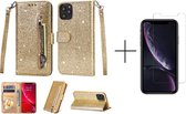 Glitter Bookcase voor Apple iPhone 12 Pro Max | Hoogwaardig PU Leren Hoesje | Telefoonhoesje | Portemonnee | Goud + 1x screenprotector