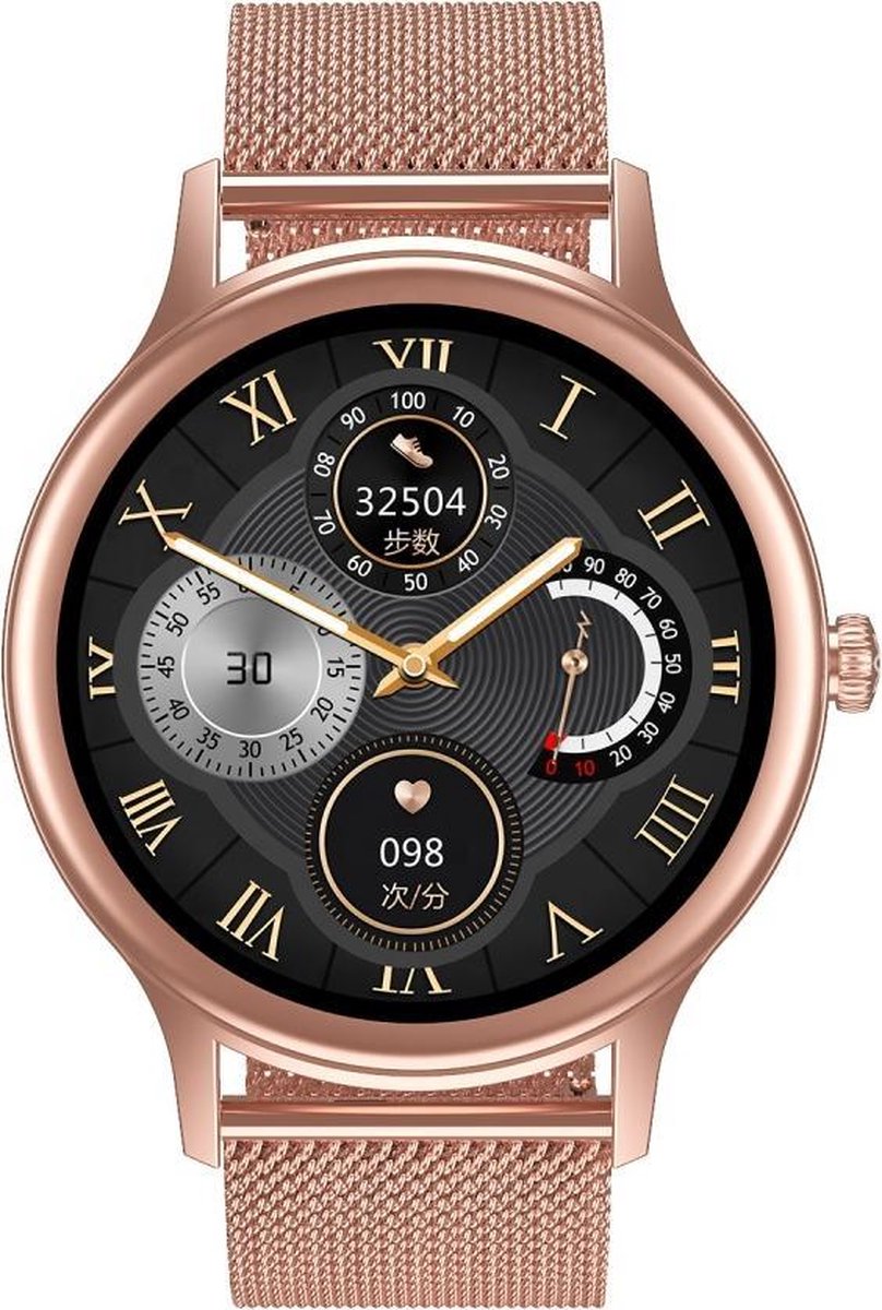Belesy® GRACEFUL - Smartwatch Dames - Horloge - 1.09 inch - Kleurenscherm - Stappenteller - Bloeddruk - Hartslag - Maak je eigen wijzerplaat – 100+ Wijzerplaten - Staal – Goud - Moederdag