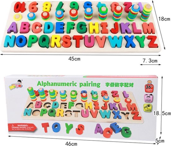 Thumbnail van een extra afbeelding van het spel 3-in-1 Houten Alfabet Puzzel (Hoofdletters) & Houten Getallen Puzzel & Rekenpuzzel - Rekenen & Kleuren & Vormen & Nummer & Letters & Vormenpuzzel - Tellen en stapelen - Wooden Blocks - Montessori Toys - Ik Leer Letters & Cijfers