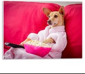 Forex - Relaxte Hond op Roze Bank - 40x30cm Foto op Forex