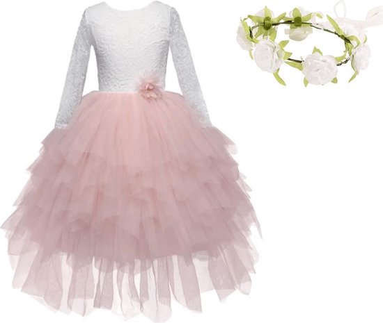 Communie jurk Bruidsmeisjes jurk bruidsjurk wit roze kant laagjes 104-110 (120) prinsessen jurk feestjurk + bloemenkrans