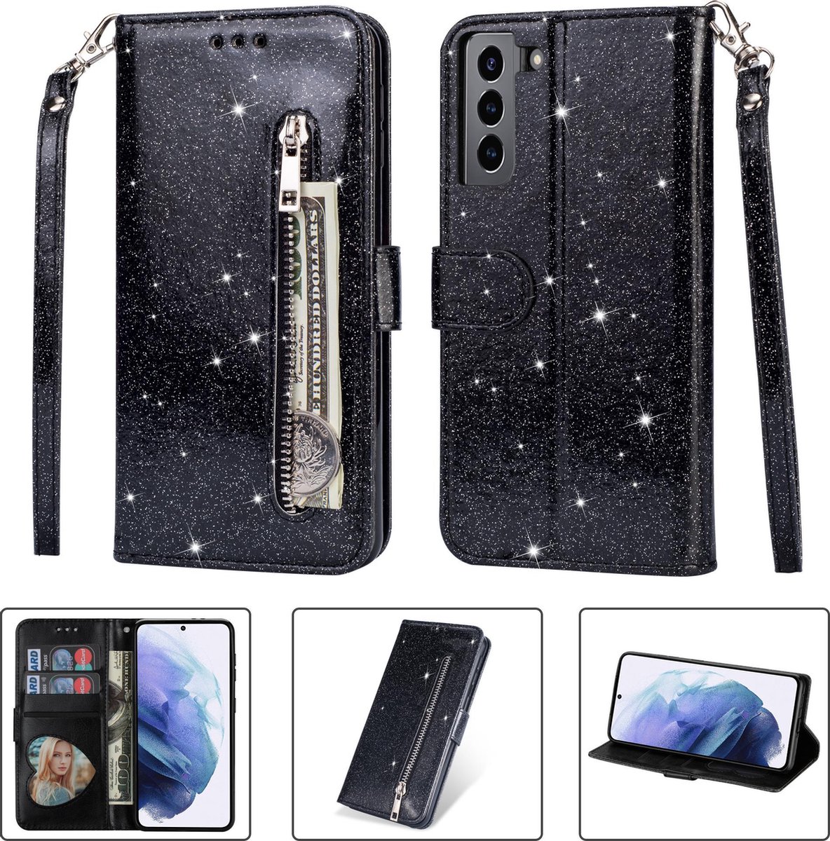 Glitter Bookcase geschikt voor Samsung Galaxy S21 | Hoogwaardig PU Leren Hoesje | Lederen Wallet Case | Telefoonhoesje | Pasjeshouder | Portemonnee | Zwart