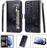 Glitter Bookcase voor Samsung Galaxy S21 | Hoogwaardig PU Leren Hoesje | Lederen Wallet Case | Telefoonhoesje | Pasjeshouder | Portemonnee | Zwart