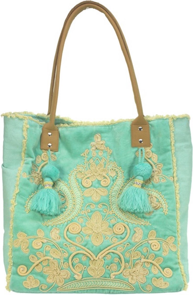 Turquoise tas groot creme embroiderie