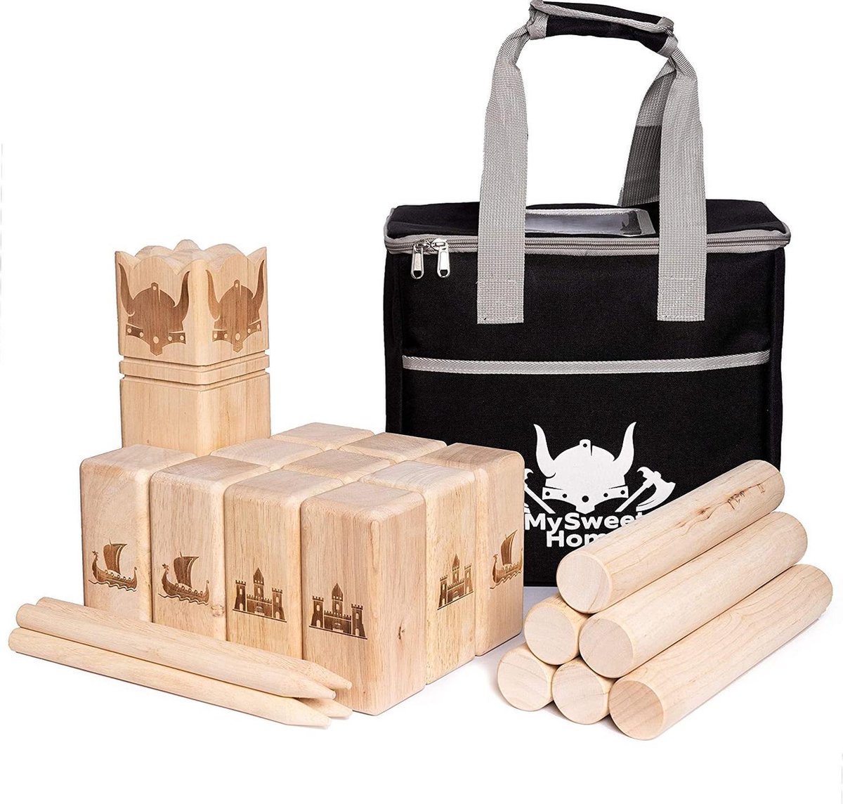 MSH Éventail en bois avec sac de transport pratique Jeu Kubb pour adultes et enfants Premium viking en bois dhévéa 