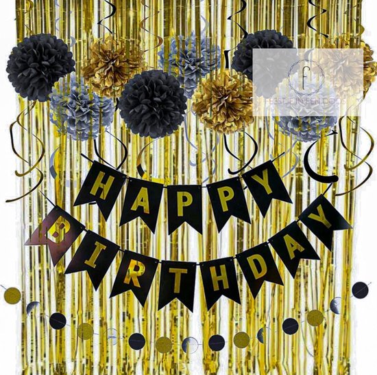 Black and Gold Happy birthday decoratie pakket - feest versiering - zwart goud | bol.com