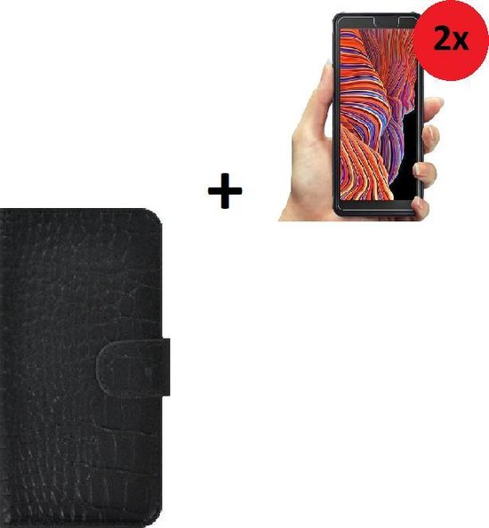 Samsung Galaxy Xcover 5 hoesje - Samsung Galaxy Xcover 5 Screenprotector - Samsung Xcover 5 Wallet Book Case Echt Leer Croco Zwart  + 2x Screenprotector
