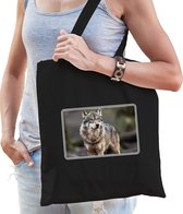 Dieren tasje met wolven foto - zwart - voor volwassenen - natuur / wolf cadeau tas