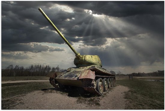 Poster – Tank in Veld - 150x100cm Foto op Posterpapier