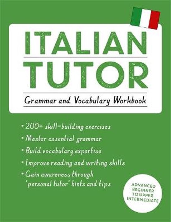 Boek 'Italian Tutor Grammar and Vocabulary Workbook' met Italiaanse vlag icoon. Bevat 200+ oefeningen voor grammatica en woordenschat.