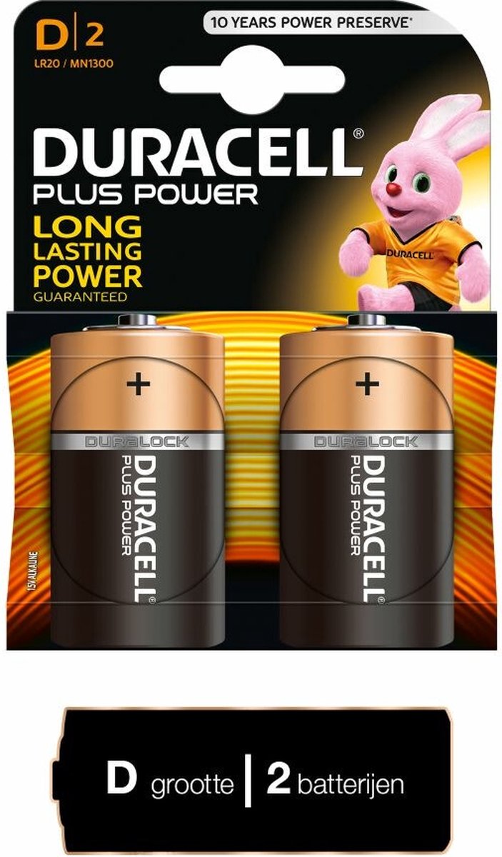 Duracell Plus alkaline D-batterijen, verpakking van 2