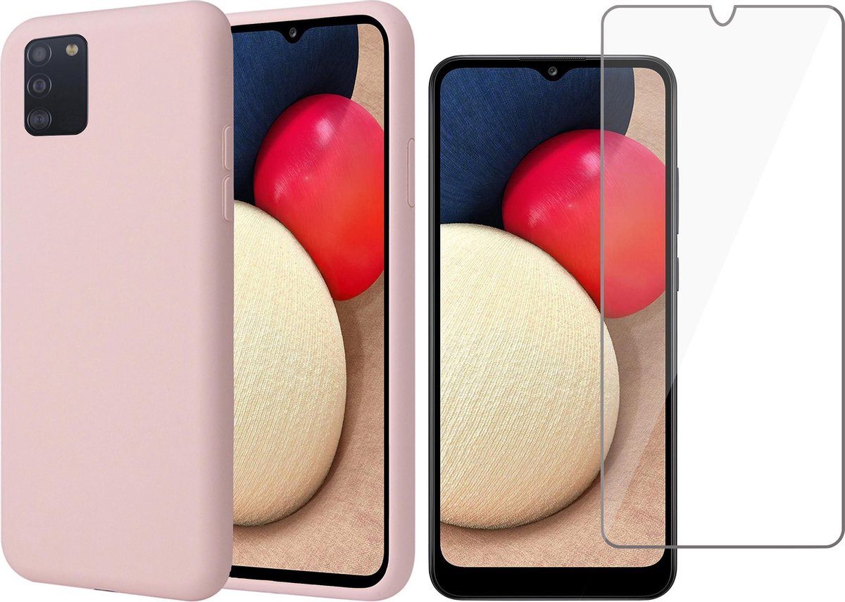 Hoesje geschikt voor Samsung A02s - Siliconen Case Cover Hoes Roze + Screen Protector Glas