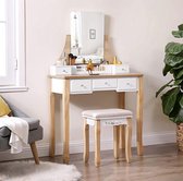 toilettafel, kaptafel met draaibare spiegel zonder frame, cosmetica-tafel, kapcommode, voor make-up, met gestoffeerde kruk, 5 schuifladen, beweegbare opbergdoos, wit-naturel RDT25K