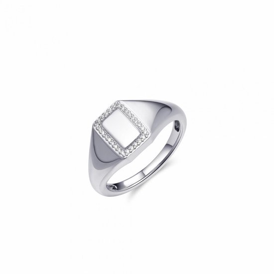 Jewels Inc. - Ring - Rechthoekige Zegelring met Zirkonia Stenen - 11mm - Gerhodineerd Zilver 925