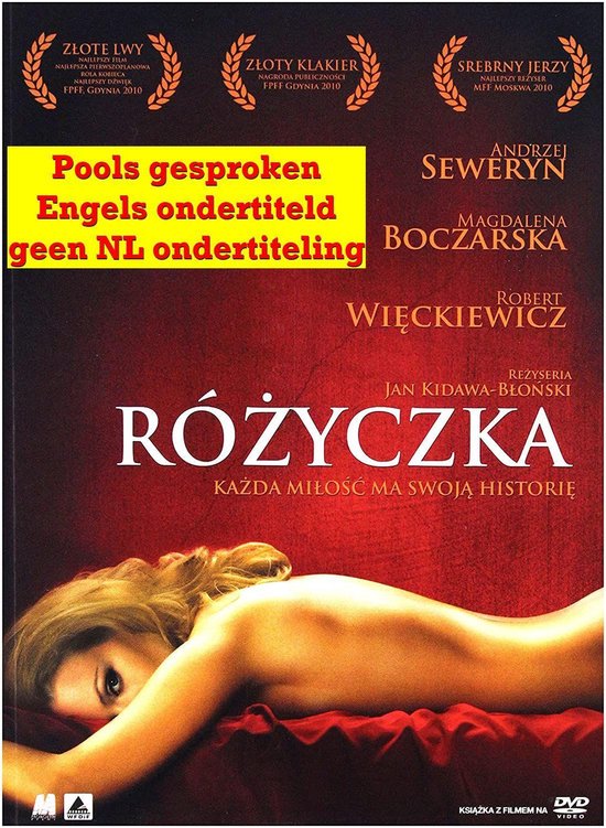 DVD hoes met een vrouw liggend op haar zij op rode achtergrond. Oranje tekstblok: 'Pools gesproken Engels ondertiteld geen NL ondertiteling'. Titel 'RÓŻYCZKA'.