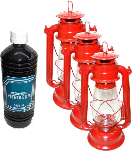 3x Rode Stormlantaarn olielamp windlicht 30cm rood +1 liter fles gezuiverde petroleum