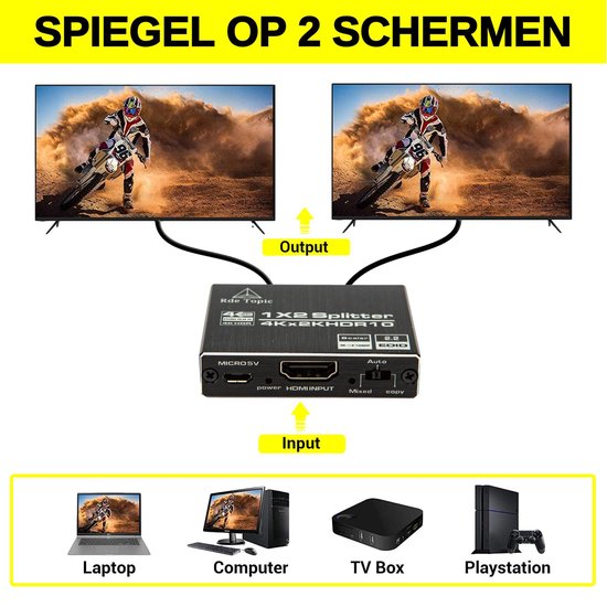 Rde Topic Professionele HDMI-Splitter 2 in 1 met HDMI Kabel– Dupliceren van hetzelfde Beeldscherm – Inclusief HDMI Kabel - 2 Poorts, 1 in en 2 Uitgaande HDMI’s – Verdeler Monitors en Tv’s - Rde Topic HDMI splitter
