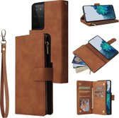 Luxe Telefoonhoesje voor Samsung Galaxy S21 Ultra | Hoogwaardig Leren Bookcase | Lederen Wallet Case | Luxe Uitstraling | Pasjeshouder 6 pasjes | Portemonnee | Rits | Cognac Bruin