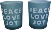 Theelichthouders 'Peace love joy' - Blauw - Glas - Ø 5,5 cm - Set van 2 - Waxinelichthouder – Waxinelicht – Gezellig – Sfeer – Kerst – Feestdagen – Licht –