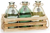 Tafeldecoratie | Houtkist met vazen | Glas | 3 Stuks | Bloemenvazen | Groen | Lente