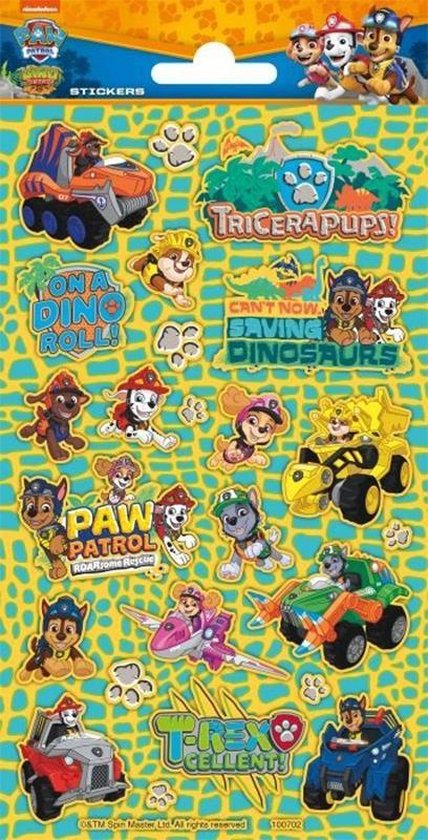 Sticker vel met Paw Patrol personages en dinosaurussen op een gele achtergrond. Teksten: Tricerapups, On a dino roll!, Can't stop saving dinosaurs, Paw Patrol, Roar-some Rescue, T-Rex-cellent!