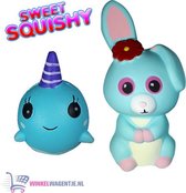 2 st. Sweet Squishy Speelfiguren Baby Walvis + Blauw Konijntje 10 cm | Squeezy speelgoed pakket goedkoop kinderen anti stress bal tiktok jongens meisjes regenboog rainbow squishie cube simple